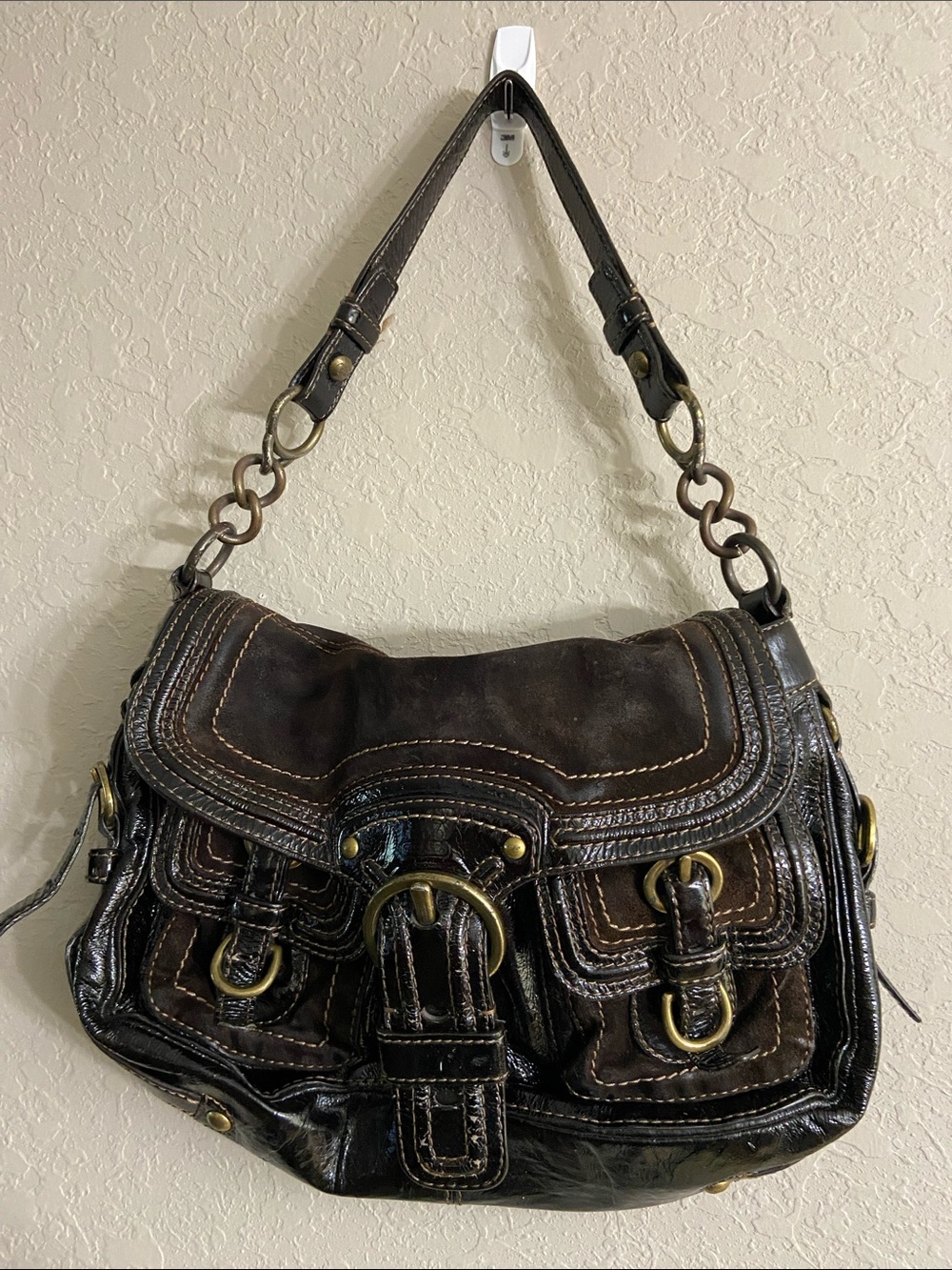 Coach Dark Brown Leather Shoulder Bag with Brass Accents
